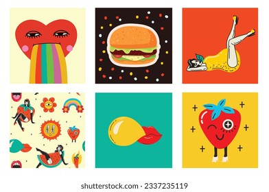 70's groovy square posters, cards or stickers. Retro print with hippie cute colorful funky character concepts of crazy geometric, dripping emoticon. Only good vibes sentence