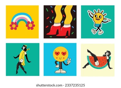 70's groovy square posters, cards or stickers. Retro print with hippie cute colorful funky character concepts of crazy geometric, dripping emoticon. Only good vibes sentence