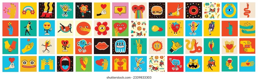 70's groovy square posters, cards or stickers. Retro print with hippie cute colorful funky character concepts of crazy geometric, dripping emoticon. Only good vibes sentence