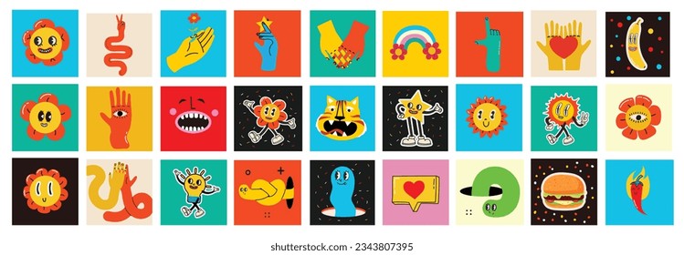 70's groovy square posters, cards or stickers. Retro print with hippie cute colorful funky character concepts of crazy geometric, dripping emoticon. Only good vibes sentence