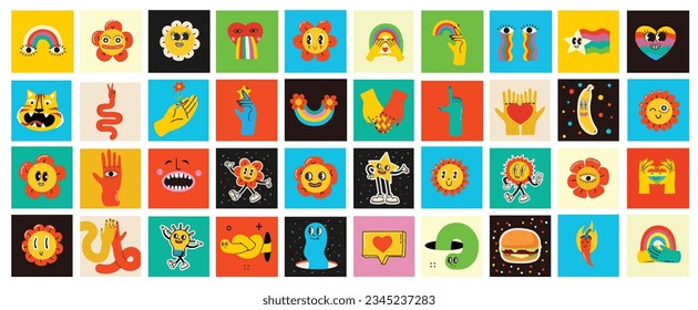 70's groovy square posters, cards or stickers. Retro print with hippie cute colorful funky character concepts of crazy geometric, dripping emoticon. Only good vibes sentence