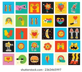 70's groovy square posters, cards or stickers. Retro print with hippie cute colorful funky character concepts of crazy geometric, dripping emoticon. Only good vibes sentence