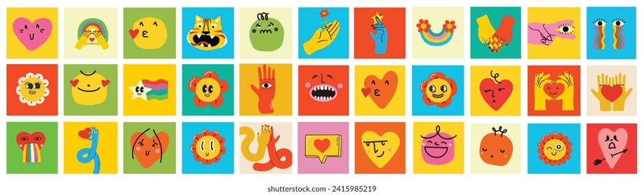 70's groovy square posters, cards or stickers. Retro print with hippie cute colorful funky character concepts of crazy geometric, dripping emoticon. Only good vibes sentence