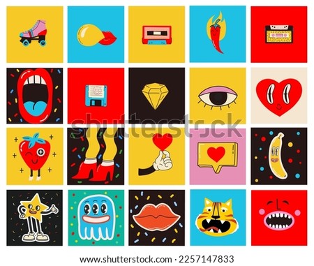 70's groovy square posters, cards or stickers. Retro print with hippie cute colorful funky character concepts of crazy geometric, dripping emoticon. Only good vibes sentence