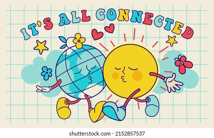 70s groovy sun and Earth together in love. Poster or retro fun print, poster. Peaceful hippie elements and inspiration slogan. Vintage funky print vector set.Sunshine illustration for tee, t shirt.