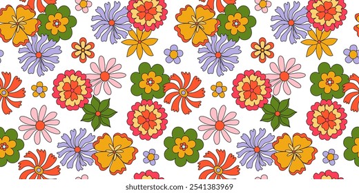 70s groovy vibrant seamless pattern. Retro groovy trippy blossom, psychedelic daisy and chamomile. Flower power. Floral botanical background, wallpaper, digital paper. Good vibes only. Vector.