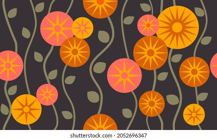 70s hippie flower seamless pattern in yellow, pink and marmalade color. Vector illustration. For tablecloth, blanket,bag, or other modern textile print.