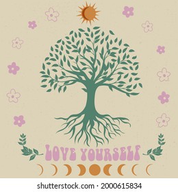 70s hippie Love Yourself slogan with daisy illustration print for kids and girl tee - t shirt or sticker