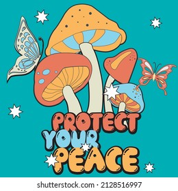 70s hippie Peace slogan with butterfly and mushroom illustration print for t shirt, sticker or other uses