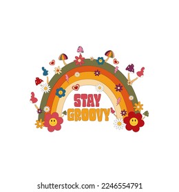 70s hippie stay groovy slogan with rainbow,daidy and mushroom. Hippie typography quote in 70s style.Design for t-shirts,posters,cards,print.Vector illustration