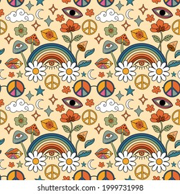 70s Hippie Style Psychedelic Elements Mushroom, Rainbow, Floral Retro Pattern Background.