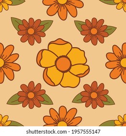 70's inspired floral seamless vector pattern. This pattern included browns and yellows represented in a bold way. Great for fabrics and packaging