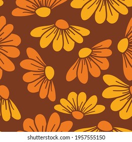 70's inspired floral seamless vector pattern. This pattern included browns and yellows represented in a bold way. Great for fabrics and packaging