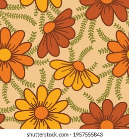 70's inspired floral seamless vector repeat pattern. Beautiful browns and yellows in a bold pattern