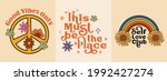 70s inspired retro hippie graphic set for T-shirt, posters, cards, stickers. Inspirational typography slogan in warm colors of orange, yellow brown