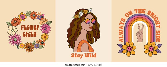 70s inspired retro hippie graphic set for T-shirt, posters, cards, stickers. Inspirational typography slogan in warm colors of orange, yellow brown