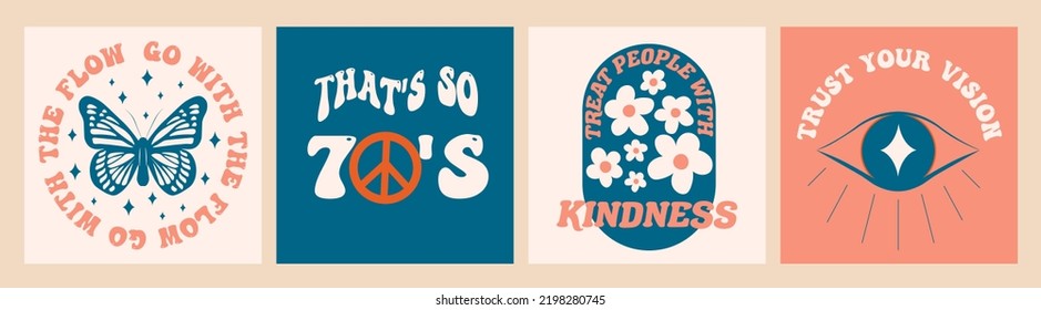 70s inspired retro hippie graphic set for T-shirt, posters, cards, stickers, social media post. Inspirational typography slogan in colors of blue and pink