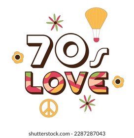 70s love retro vector banner with decorative elements flowers, peace sign, hot air balloon. 