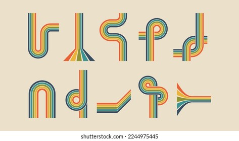 70s poster elements rainbow isolated of collection. Vector of rainbow curve and colorful, geometric 70s and 60s groovy illustration