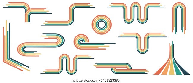 70s poster elements rainbow isolated of collection. Vector of rainbow curve and colorful, geometric 70s and 60s groovy illustration