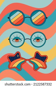 70s Psychedelic Poster With Abstract Sunglasses. Retro Groovy Glasses Print. Cartoon Hippy Background. Vintage Vector Illustration