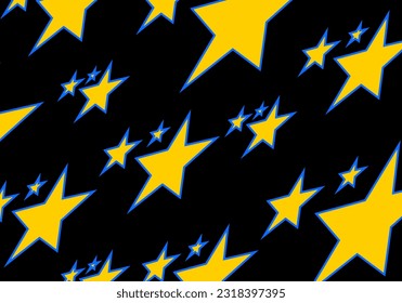 Patrón psicodélico sin fisuras de los años 70. Estrellas rojas hippie retro vintage amarillas sobre fondo negro. Ilustración del vector
