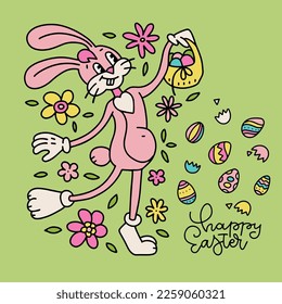 Dibujo retro de los años 70, arroja conejo de Pascua con canasta, flores y huevos. Plantilla de tarjeta de saludo infantil vintage. La mascota Bunny amaba los brazos. Diseño vectorial de contorno vintage.