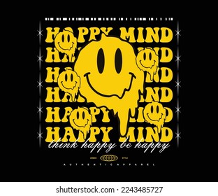 70s retro distorted smiling face illustration print with happy mind typography slogan for graphic tee t shirt or sticker poster - Vector