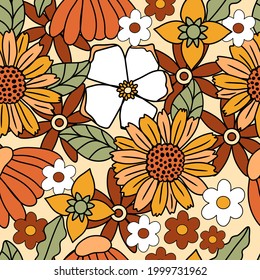 70s retro floral seamless pattern background. Large scale flower pattern perfect for home decor, wrapping paper, fabric, scrapbooking and wallpaper design