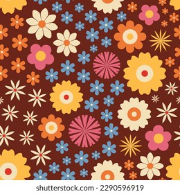 70er Retro-Blumen nahtloses Muster. Digitales Papier, Hintergrund. Retro romantische Blumen, Wiese, Sommerzeit. Nostalgische Vintage-Ornamente.