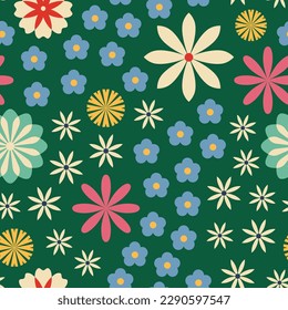 70er Retro-Blumen nahtloses Muster. Digitales Papier, Hintergrund. Retro romantische Blumen, Wiese, Sommerzeit. Nostalgische Retro-Blumen im Vintage.