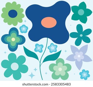 70s retro flower clipart elements. Flower plant hand drawn Design Graphic Art, Spring Card, Summer Invitation.