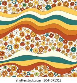 70s retro flower vector seamless pattern. Groovy vintage floral repeat pattern with flowers, simple shapes.Wavy geometric floral hippie print for wallpaper,banner, fabric, wrapping.Abstract background