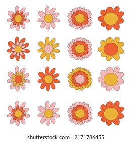 70s Retro flowers. Retro groovy naive flowers chamomile, daisy, chrysanthemum