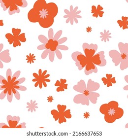 70s Retro flowers pattern. Seamless retro background . Groovy naive flowers pattern pink and red