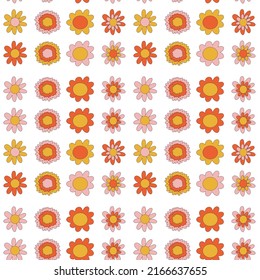 70s Retro flowers pattern. Seamless retro background . Groovy naive flowers pattern pinkn yellow, red chamomile daisy