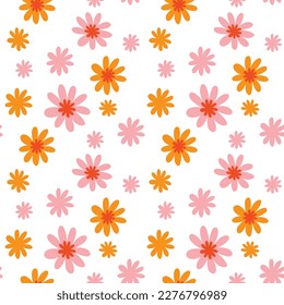 70s Retro flowers pattern. Seamless retro flowers background . Groovy naive flowers pattern pinkn yellow, red chamomile daisy