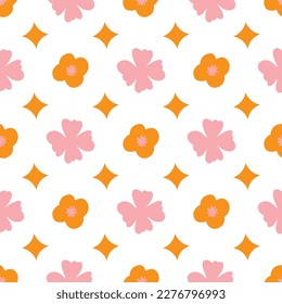 70s Retro flowers pattern. Seamless retro flowers background . Groovy naive flowers pattern pinkn yellow, red chamomile daisy