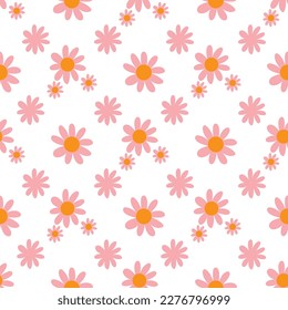 70s Retro flowers pattern. Seamless retro flowers background . Groovy naive flowers pattern pinkn yellow, red chamomile daisy