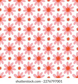 70s Retro flowers pattern. Seamless retro flowers background . Groovy naive flowers pattern pinkn yellow, red chamomile daisy