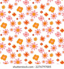 70s Retro flowers pattern. Seamless retro flowers background . Groovy naive flowers pattern pinkn yellow, red chamomile daisy