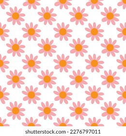 70s Retro flowers pattern. Seamless retro flowers background . Groovy naive flowers pattern pinkn yellow, red chamomile daisy