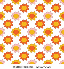 70s Retro flowers pattern. Seamless retro flowers background . Groovy naive flowers pattern pinkn yellow, red chamomile daisy