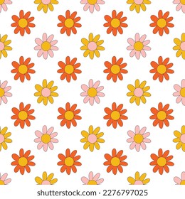 70s Retro flowers pattern. Seamless retro flowers background . Groovy naive flowers pattern pinkn yellow, red chamomile daisy