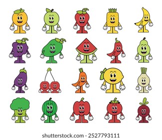 70s Conjunto de elementos de caracteres de fruta retro 