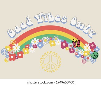 70s retro good vibes slogan print with pastel rainbow - Vintage vector pattern for kids and girl tee t shirt and sticker print design.