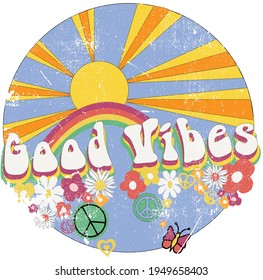 70s retro good vibes slogan print with pastel rainbow - Vintage vector pattern for kids and girl tee t shirt and sticker print design.