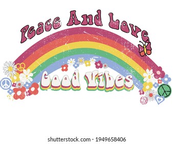 70s retro good vibes slogan print with pastel rainbow - Vintage vector pattern for kids and girl tee t shirt and sticker print design.