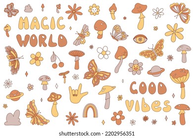 70s retro groovy big set with vintage boho butterfies, daisy flowers, mushrooms, lettering and other. Vector illustration