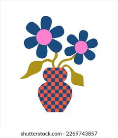 70s retro groovy cartoon naive flowers in checkered vase. Hippie psychedelic concept. Print, sticker design. Positive nostalgic vibes.